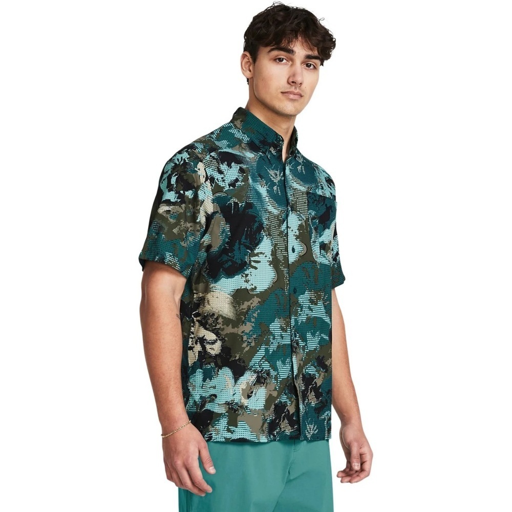 Under Armour Men's Large Dockside Teal Short Sleeve Button UPF 30 Shirt